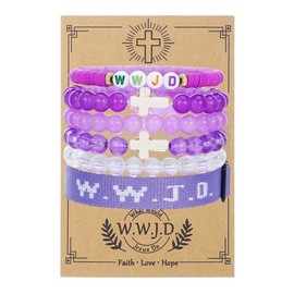 Pingyongchang W.W.J.D. Cross Bracelets Set for Women Men Boho Clay Glass Beaded Stackable Stretch Bracelets What Wound Jesus Do Bracelet Christian Religious Faith Jewelry Gift-Purple