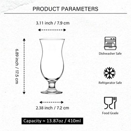 binsakao Hurricane Glasses Set of 6-14 oz Pina Colada Cocktail Glass - Clear Tulip Drinking Cups for Juices, Full-Bodied Beer, Tropical Drinks, Water, Beverages