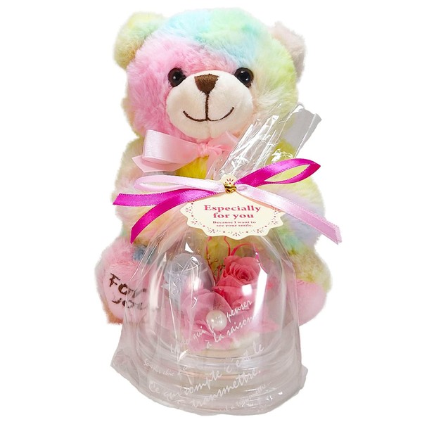 [Preserved Flowers Lira] Rainbow Pastel Bear Syrup x Dome Arrangement x Gift Bag 3-Piece Set, Present, Birthday, Anniversary, Celebration (Pastel Bear x Pastel Rose)