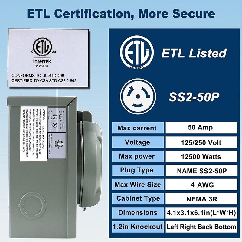 Owl Safety Supply 8000-13000 Watt Generator Interlock Kit w/ Inlet