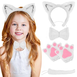 Vovii 6PCS White Cat Costume Set Ears Headband Gloves Bow Tie Tail Kitten Pet Party Dress Up Pretend Play Role Play Cosplay Children Animal