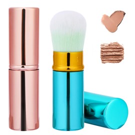 Retractable Foundation Brush, 2 Pieces Travel Blush Brush, Kabuki Brush, Portable Powder Foundation Brush with Case for Blush, Bronzer, Polishing, Highlighter Flawless Powder Cosmetics (Blue & Pink)