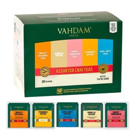 VAHDAM, Assorted Chai Tea Bags Sampler (5 Flavors, 20 Ecofriendly Pyramid Tea bags) I Gift Ideas for Women & Men | Masala Chai Tea Varieties from India | Gluten Free & Non GMO | Gifts for Him/Her
