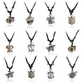 COLORFUL BLING 12pcs Artificial Bone Carving Sea Turtles Pendant Necklaces Set Medallion Symbol Adjustable Cotton Cord Yin Yang Hawaiian Surfer Lucky Amulet Jewelry for Women Men Unix, cord, resin