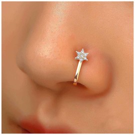 Aneneiceera Vintage Crystal Star Nose Ring Hoop Gold Rhinestone Nose Ring Stud Tiny Nose Screw Stud Ring Boho CZ Star No Piercing Nose Hoop Clip On Nose Ring Jewellery for Women (Gold), Zinc