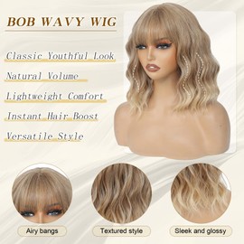 Blonde Wigs With Bangs Short Wavy Wig for Women 14 Inch Honey Blonde Curly Shoulder Length Bob Wigs Synthetic fiber Hair for Daily Party Use