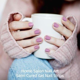 DUKASOU 28pcs Semi Cured Gel Nail Strips, Gel Nail Stickers Work with Any UV Nail Lamps, Long Lasting Gel Nail Wraps for Women, Includes Prep Pads, Nail File & Wood Stick(Antique Pink Glitter)