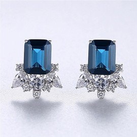 Gdirection 925 Sterling Silver CZ Zircon Simulated London Blue Topaz Stud Earrings for Women, Cubic Zirconia Emerald Cut Nano Gemstone Costume Jewelry with Friction Back and Gift Box, nano substances,