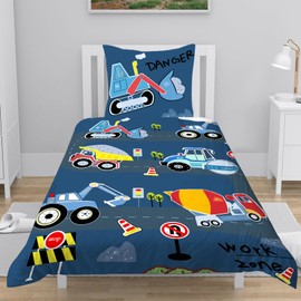INTOMENG Bedding Set 135 x 200 cm Children's Boys Bed Linen 135 x 200 cm Boys and 80 x 80 cm Pillowcases 3D Tractor Digger Tractor Tractor 100% Microfibre Blue