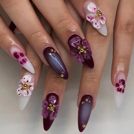 LPOODDNU 3D Handmade Press on Nails with Charms Medium Almond Fake Nails Cute Purple White Nails Press ons 3D Flowers Stick on Nails Almond Shape Acrylic Nails Pearl Nails for Women Daily Wear