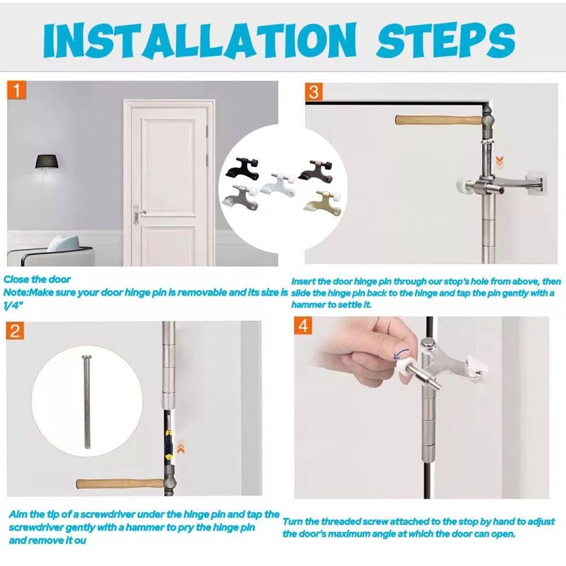 4 Pack Hinge Pin Door Stopper Adjustable Heavy Duty Hinge