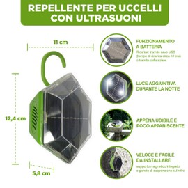 ISOTRONIC dissuasore solare uccelli luce lampeggiante ultrasuoni piccioni passeri gabbiani corvi balcone giardino raggio 150m² 1 unità efficace esterno protezione difesa stop volatili ecologico