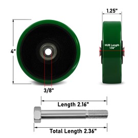 4" x 1.25" Caster Set of 4 Replacement Wheel, Polyurethane on Cast Iron, Ball Bearing-3/8" Bore, Heavy Duty Caster with 1500 lbs Capacity
