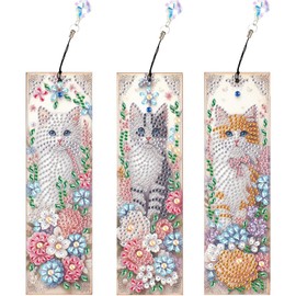 SHEGZHUC Set of 3 Diamond Painting Bookmarks Craft Diamond Painting Bookmark Diamond Painting Cats with Flowers Diamond Painting Animals Diamond Painting Art Embroidery Cross Stitch Pictures Gift