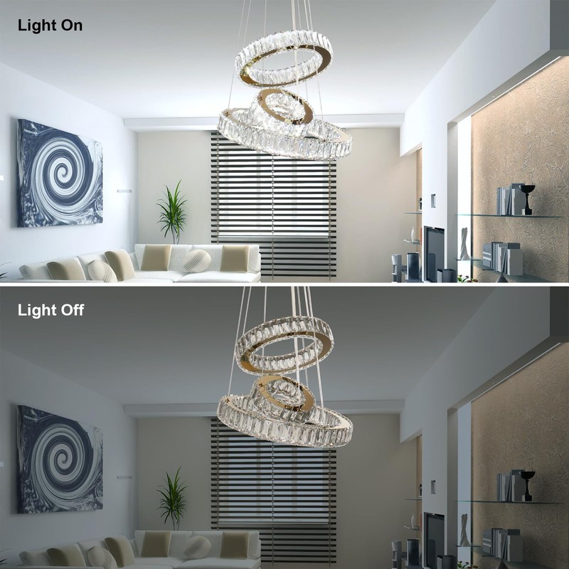 FRIXCHUR Modern LED Chandeliers Crystal Pendant Light 3 Ring Chandelier