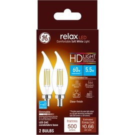 GE Relax LED Light Bulbs, Candle Lights, 60 Watts, Soft White Clear Decorative CA11 Bulbs, Small Base (2 Pack)