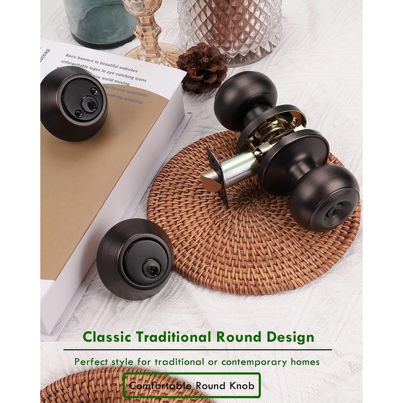 Brotima 3 Pack Keyed Alike Door Knob with Double Cylinder