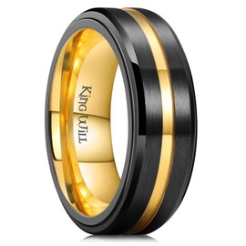 King Will 8mm Gold & Black Stainless Steel Spinner Ring - Stress & Anxiety Relief Fidget Ring for Men, Women & Teens - Grooved Center, Brushed Comfort Fit (10, 8.5)