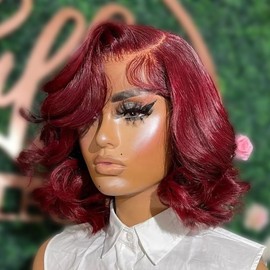 99j Burgundy Lace Front Wigs Human Hair Pre Plucked 13x4 Transparent HD Lace Frontal Wigs with Baby Hair Body Wave Bob Wig Human Hair Lace Front Wigs for Black Women 180% Density 16 inch