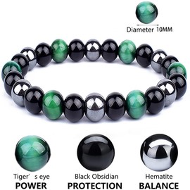 Tiger's Eye Bracelets，CLASS A QUALITY，Tiger's Eye And Obsidian Magnet Bracelets, Sunshine, Self-Confidence, Release Anxiety (Grade A, Green Tiger Eye Bracelet,10MM(7.8"))