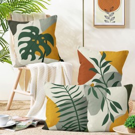 Hnmdmyi Boho Cushion Covers 40 x 40 cm Set of 4, Abstract Leaves Nature Plants Decorative Throw Pillow Covers Mid Century Modern Minimalist Aesthetic Art Linen Pillowcases for Sofa Couch Home Decor