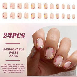 24Pcs Short Oval Press-On Nails - Nude Pink Fake Nails with Floral French Tips - Stick-On Reusable False Kit for Women Removable Glue-On Art Set Eco-Friendly ABS Material