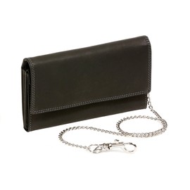 LEAS Große Bikerbörse Langbörse mit Chrom-Kette im Vintage-Stil MCL in Echt-Leder, schwarz Chain-Series