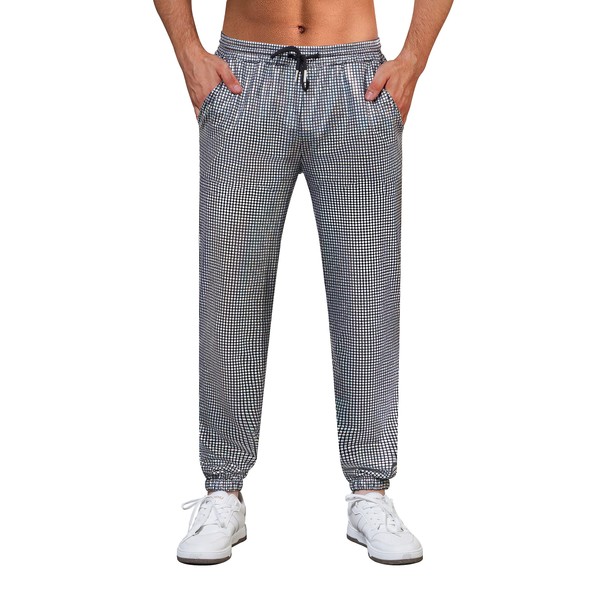 WULFUL Mens Metallic 70s Disco Costume Sequin Party Jogger Pants