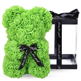 LINKLO Rose Bear Rose Teddy Bear -10 inch Artificial Rose Flower Bear, Gift for Wedding, Mothers Day and Anniversary, Including Transparent Gift Box (Green)
