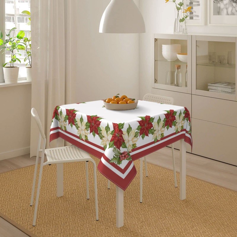 AGAYNA Christmas Tablecloth Square 60x60 Inch Red White Poinsettia Floral