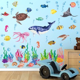 114 Pieces Colorful Ocean Life Wall Sticker Sea Creatures Wall Stickers Under The Sea Fish Jellyfish Removable Wall Decor Peel and Stick Underwater Sea Decor for Kid Baby Bathroom Bedroom Living Room
