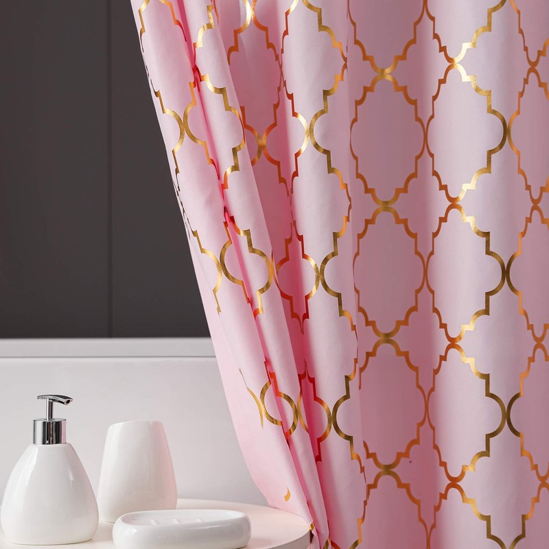 Pink Shower Curtain Gold Moroccan Pattern with 12 Hooks Included,