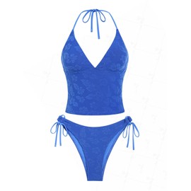 seamoly Terry Cloth Jacquard Floral Halter Tie Side Tankini Set, Blue, XS