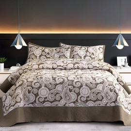 Sophia & William Khaki King Patchwork Quilt Set-3 Piece Lightweight Reversible Damask Coverlet with Floral Center and Solid Edges, 1 Quilt (106x96”), 2 Pillow Shams (24x40) with 2" Decorative Flanges