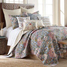 Levtex home - Angelica Quilt Set - Full/Queen Quilt + Two Standard Pillow Shams - Floral - Aqua Taupe Green Blue Orange Pink Grey - Quilt (88x92in.) and Pillow Shams (26x20in.) - Reversible - Cotton