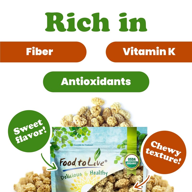 Food to Live Organic Dried White Mulberries, 5 Pounds -