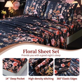 MAG 4Pcs Floral Queen Size Sheet Sets,Black Vintage Bedding Sheet Set,Boho Flower Pattern Bed Sheets Included 1 Fitted Sheet 14'' Deep Pocket +1 Flat Sheet + 2 Pillowcases,Breathable and Wrinkle.