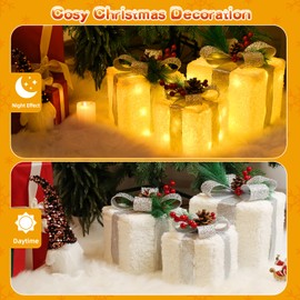 Quntis Set of 3 Light Up Present Boxes, 60 LEDs Christmas Decorations Parcels Lights, Illuminated White Snow Present Lights Gift Boxes Christmas Tree Decorations Indoor Xmas Fairy Lights Decor