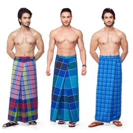 AnNafi® Dhoti/Sarong Coverups/Wrap For Men | 100% Cotton Indian Traditional Lungi Checked Design Dress | Long Sarong Cover Ups For The Beach | 3 Handloom Piece Combo Pack Comfortable, Multicolor, One