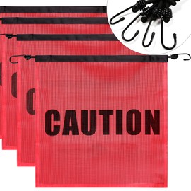Safety Flag With Bungee Cord - Caution Warning Mesh Flag, Weather-Proof - OVERSIZE LOAD - 18'' x 18'' - 4 Pack
