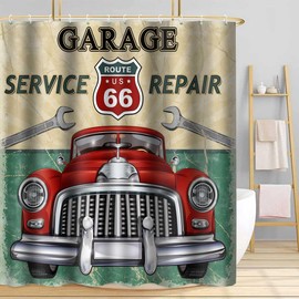 TPMDFC Cars Shower Curtain, 72x72 inch Polyester, Vintage Car Stall Route 66 Bathroom Shower Curtains, Retro Garage Repair Shop Bathroom Bathtubs Decor Set with 12 Hooks YLOKTP0236