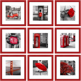 YESKAY 12x12 Picture Frame Set of 9, Photo Gallery Wall Frame Set, Display Pictures 8x8 with Mat or 12 x 12 Without Mat, Square Frame Picture Frames Collage Wall Decor, Red