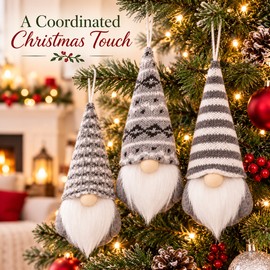 Christmas Gnome Hanging Ornaments - 3-Piece Gray Set with Patterned Hats and White Beards for Tree Decor