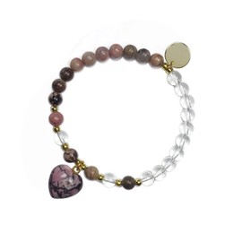 EDEN'S CALL 6mm Beads Crystal Heart Charm Bracelet for Women Carved Love Stone Rock Quartz Beaded Bracelet, Rhodonite