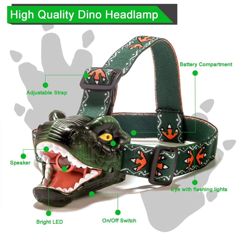lelefa Dinosaur Kids Headlamp, T-Rex Dinosaur Led Headlamp Flashlight, Dinosaur