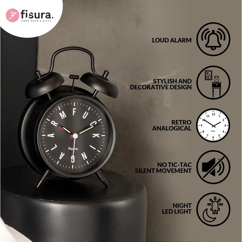 FISURA Analogue Alarm Clock, Metal, Black, Standard