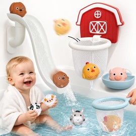 CZTCDP No Hole Bath Toys for Toddlers 1-3, 6 Pcs Farm Animal Bathtub Toys with Basketball Hoop and Slide, Shower Play Set, Gifts for Boys and Girls