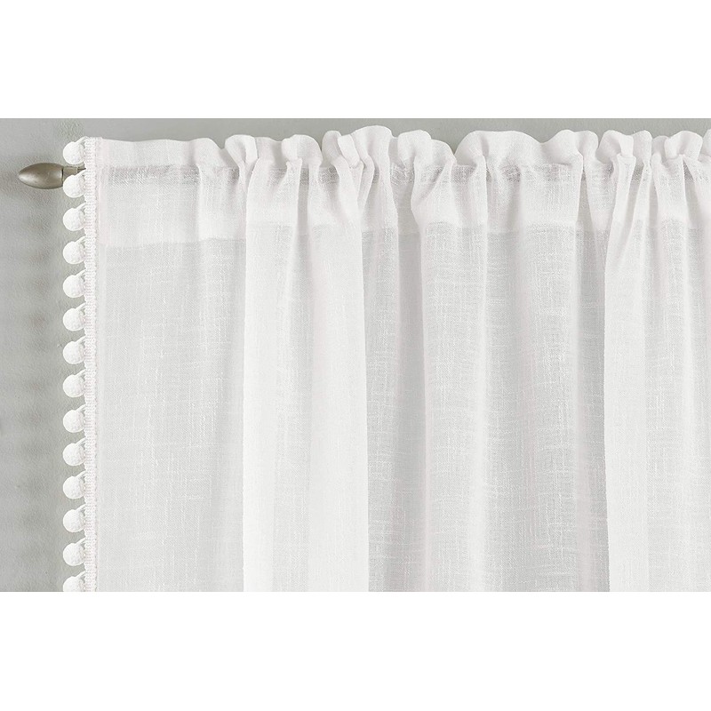 Tyrone Textiles Ltd Tahiti White Pom Pom Trim Linen Look