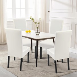 SearchI Waterproof PU Leather Dining Chair Covers Set of 4, Stretch Oilproof Parsons Chair Slipcovers Removable Washable Kitchen Chair Protector for Dining Room (Cream)