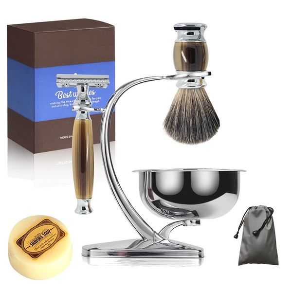 Straight Razor Shaving Kit for Men,Wet Shaving Brush and Bowl Set,Luxury Gifts Set Includes Shave Brush,Soap,Stainless Steel Bowl,Shaving Stand,Double Edge Safety Razor with 10 Blades